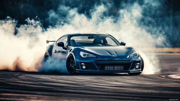 Race car wallpaper with a Subaru BRZ executing a smooth drift through a series of tight turns on a racetrack.