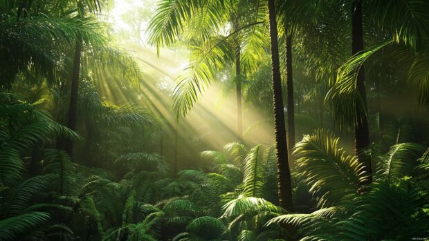 Rainforest filled with tall palm trees and ferns, patches of sunlight illuminating the vibrant green plants, with soft mist lingering above.