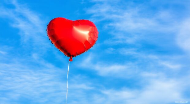 Red Heart shaped balloon floating in a sky blue background.