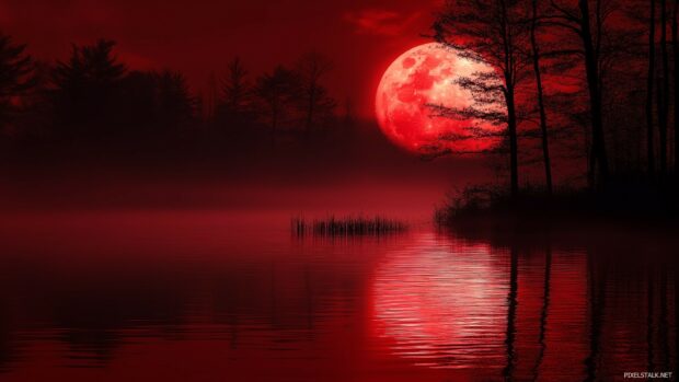 Red moon wallpaper HD with a serene moon over a calm.