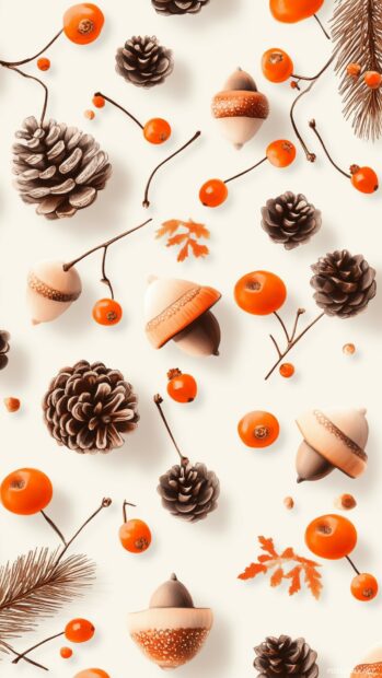 Repeating pattern of acorns, pinecones, and orange berries on a Thanksgiving iPhone background.