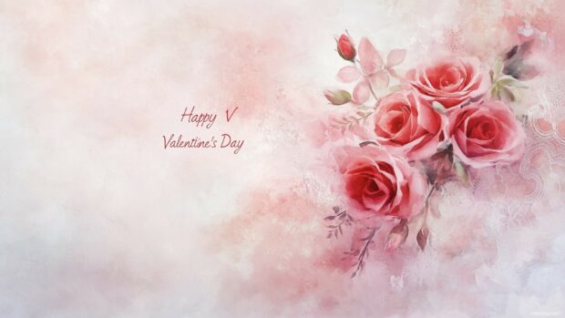 Romantic Happy Valentines Day text with a watercolor style background of blush pink roses and intricate lace detailing.