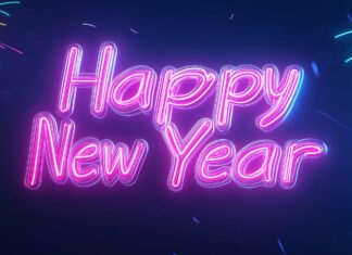 Royal blue background with glowing neon Happy New Year text in vibrant pink and cyan neon colors.