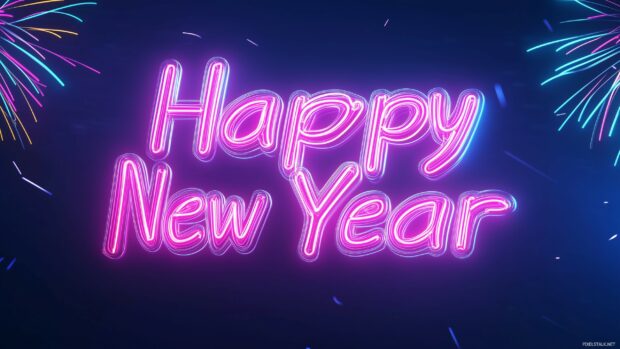 Royal blue background with glowing neon Happy New Year text in vibrant pink and cyan neon colors.