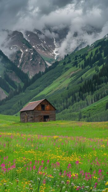 Rustic spring barn surrounded by green pastures and blooming wildflowers, Spring wallpaper for iPhone.