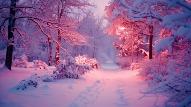 Scene wallpaper with winter snowy path through a forest.