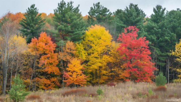 Scenic fall forest with a variety of tree species, Fall laptop wallpaper HD 1080p.