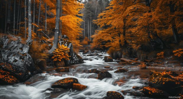 Scenic fall forest with a winding stream, Fall laptop wallpaper HD.