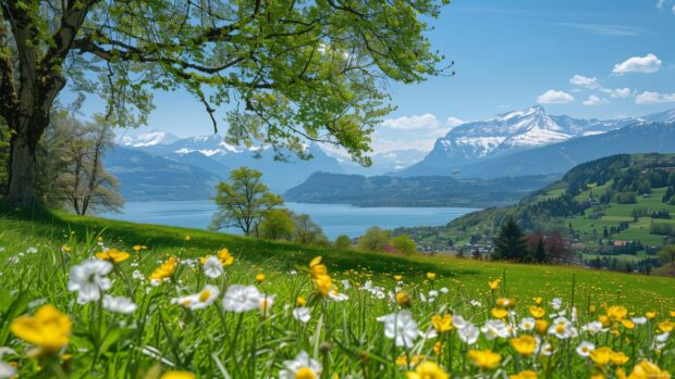 Scenic spring landscape wallpaper with mountains in the background.