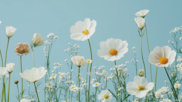 Seamless pattern of spring wildflowers like daisies, buttercups, and tiny bluebells, set on a baby blue background with a clean and minimalist aesthetic.