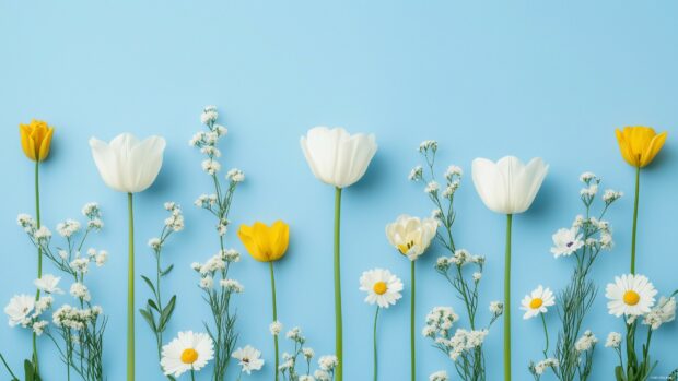 Seamless pattern of spring wildflowers like daisies, buttercups, and tiny bluebells, set on a baby blue background with a clean and minimalist aesthetic.