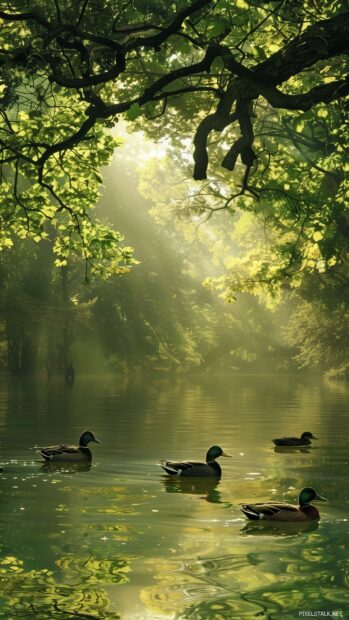 Season Spring morning mist over a tranquil lake with ducks swimming.