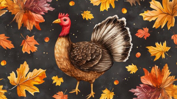 Seasonal Thanksgiving Desktop Wallpaper with turkeys and autumn leaves.