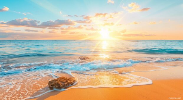 Serene beach 1080p Nature Desktop Backgrounds with smooth rocks, gentle waves, colorful sunrise.