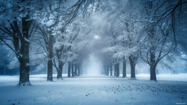 Serene winter HD wallpaper with frosted trees and a blanket of snow.