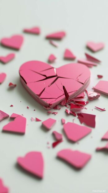 Shattered pink heart pieces scattered on a clean white surface.