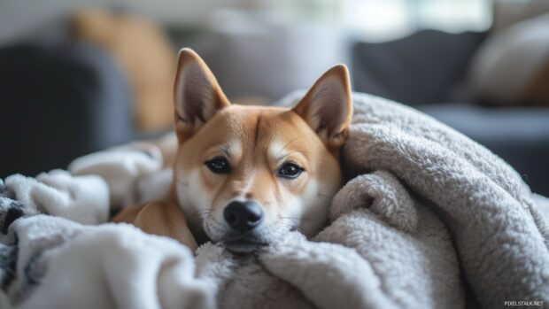 Shiba Inu dog lounging on a cozy blanket in a modern living room.