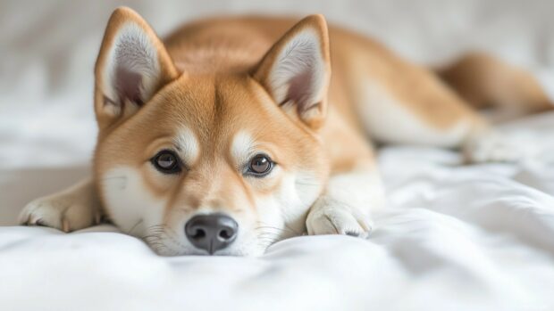 Shiba Inu dog lying down on a clean white backdrop.