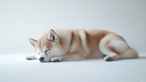 Shiba Inu dog lying down on a clean white backdrop, emphasizing its natural beauty and elegance.