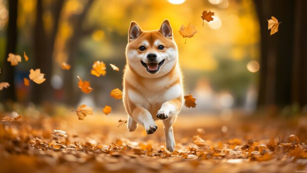 Shiba Inu dog playfully running through a vibrant autumn park with falling leaves.