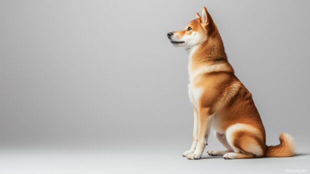 Shiba Inu dog sitting in a minimalist studio.