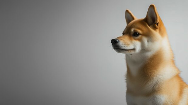 Shiba Inu dog sitting in a minimalist studio setting with a plain gray background, showcasing its charm.