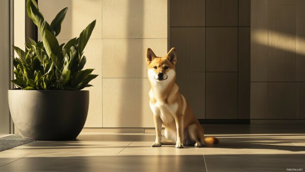 Shiba Inu dog sitting in front of a minimalist and elegant interior with a neutral toned background.