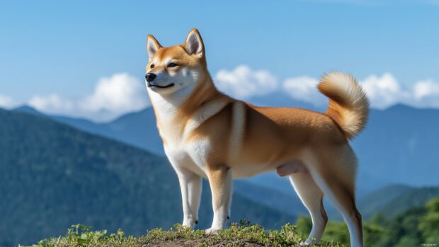 Shiba Inu dog standing proudly on a scenic hillside with a clear blue sky and distant mountains.