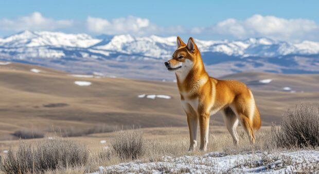 Shiba Inu dog standing proudly on a scenic hillside with a clear blue sky and distant mountains.