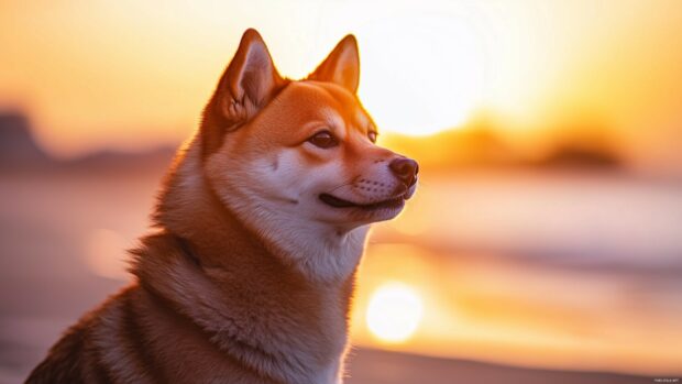 Shiba Inu dog wallpaper 4K with a backdrop of a serene beach at sunset, capturing its calm and joyful nature.