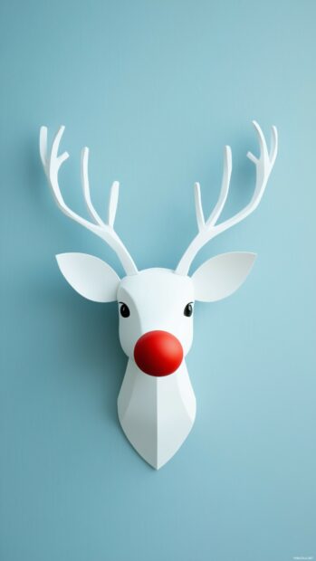 Simple Christmas wallpaper with a clean, white reindeer silhouette with a red nose on a pale blue background.