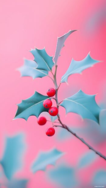 Simple Christmas wallpaper with a minimalist arrangement of holly leaves and berries with a soft light background (2).