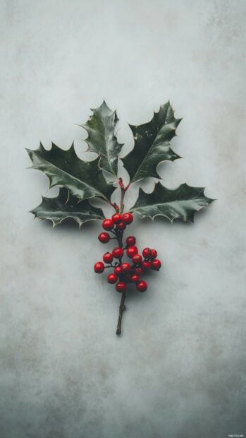 Simple Christmas wallpaper with a minimalist arrangement of holly leaves and berries with a soft light background.