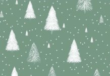 Simple Christmas wallpaper with a pattern of small Christmas trees in white, scattered across a pastel green background with a subtle texture (2).