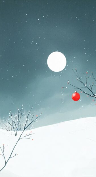 Simple Christmas wallpaper with a simple snow covered landscape with a single red ornament hanging from a branch (2).