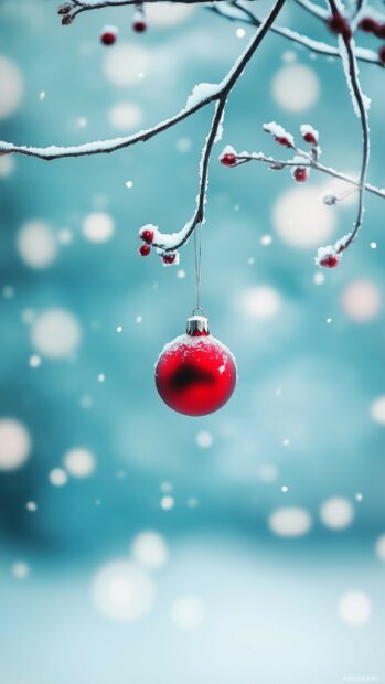 Simple Christmas wallpaper with a simple snow covered landscape with a single red ornament hanging from a branch.