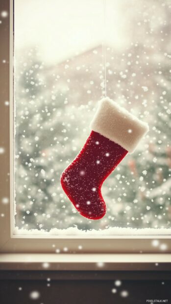 Simple Christmas wallpaper with a single red Christmas stocking hanging in a soft, minimalistic room, with light snowfall outside the window (2).