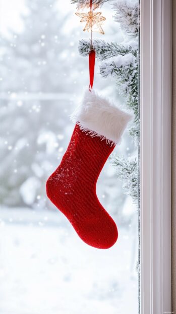 Simple Christmas wallpaper with a single red Christmas stocking hanging in a soft, minimalistic room, with light snowfall outside the window.