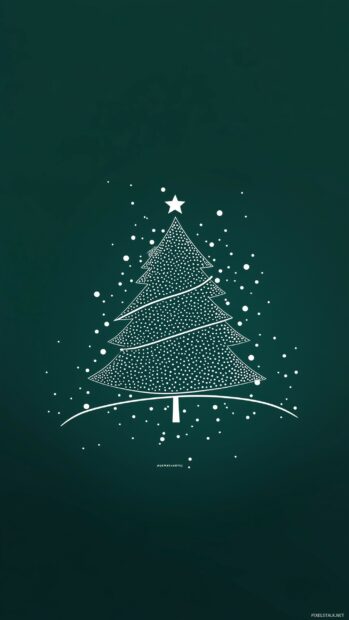 Simple Christmas wallpaper with a white outline of a Christmas tree decorated with simple dots, set against a deep green background (2).