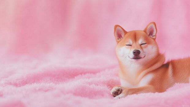 Simple aesthetic laptop wallpaper with a Shiba Inu dog in a relaxed pose with a soft pastel background.