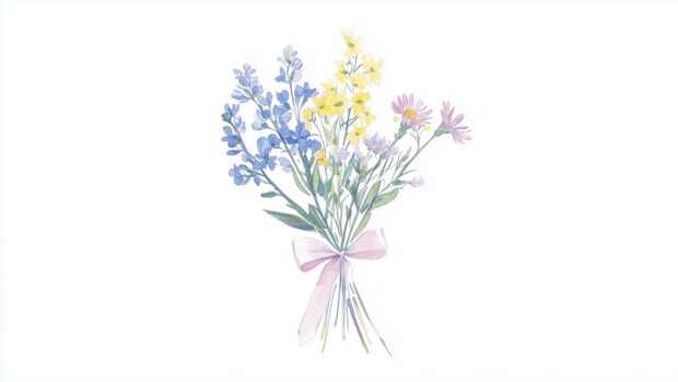 Simple and clean spring flower wallpaper with a small bouquet of wildflowers tied with a ribbon on a white background.