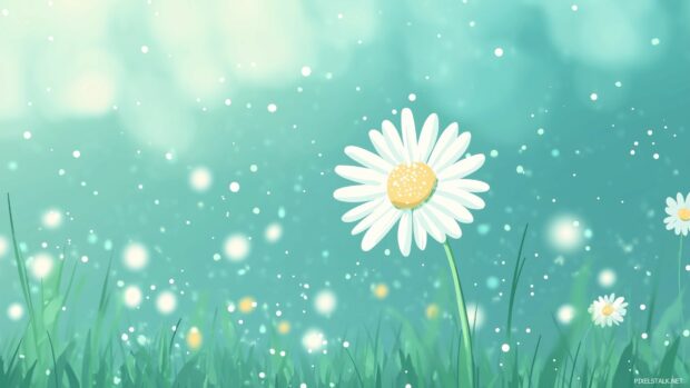 Simple and cute spring background features a single daisy flower in full bloom with a blurred soft blue background.