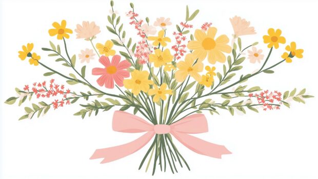 Simple and cute spring background with a small bouquet of wildflowers tied with a ribbon on a white background.