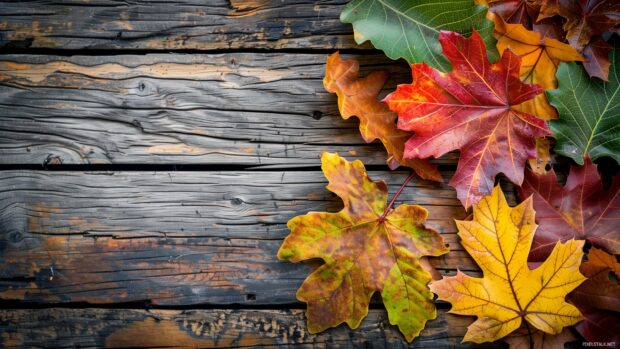 Simple arrangement of autumn leaves on a wooden table.