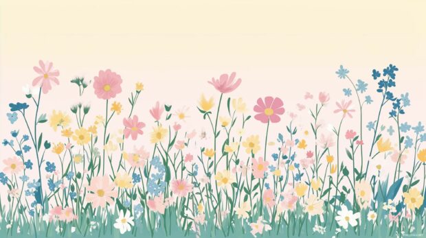 Simple spring meadow with cute wildflowers in pink, yellow, and blue, a soft gradient sky in the background.