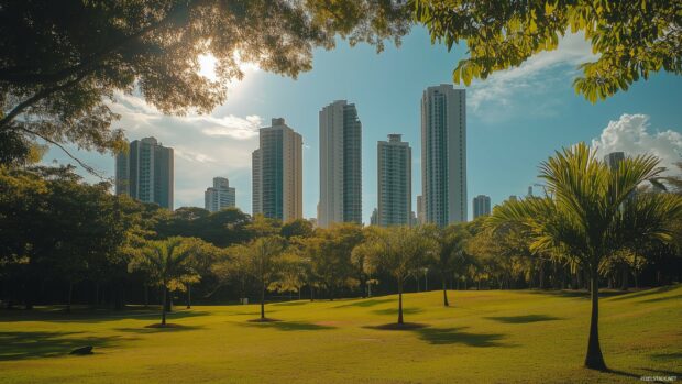 Simple view of a city park with skyscrapers in the background.