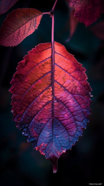 Single colorful autumn leaf on a dark background.