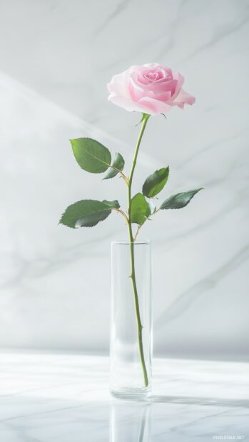 Single pink rose in a glass vase on a marble countertop.