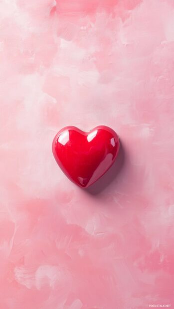 Single red heart in love centered on a soft pastel pink background.