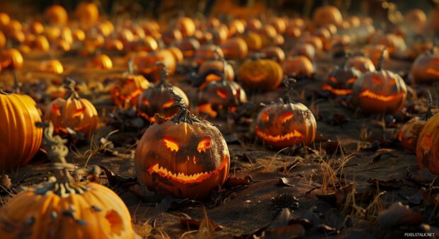 Sinister Halloween pumpkin patch with carved jack o lanterns.